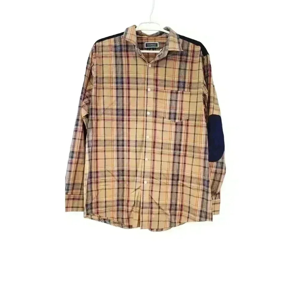 Club Room Tan Plaid Long Sleeve Button Down Shirt Navy Corduroy Elbow/Shoulder L